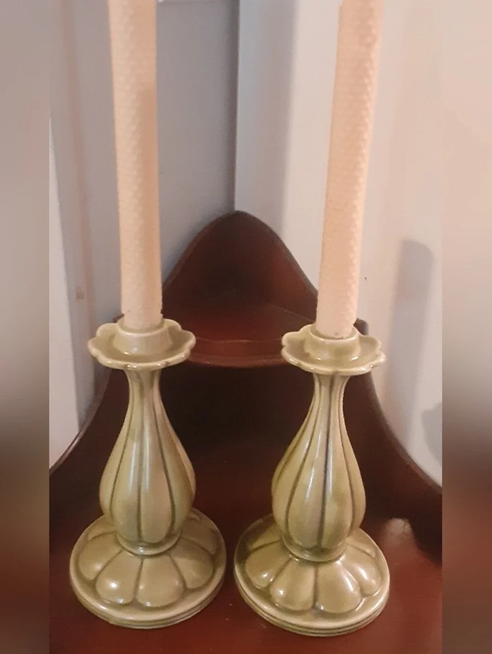 MCM California Pottery Olive Green Floral Ceramic Candlestick Pair ~ 9.25 